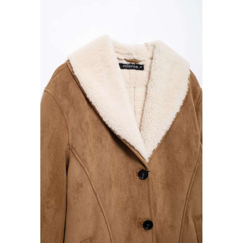 TRAFZA Women Fall Winter Suede Exterior Lapel Buttons Vintage Fleece Ed New 2024 Fashion Casual Warm Coat
