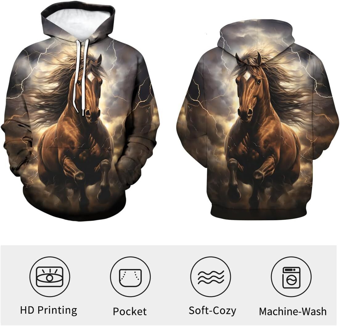 Hoodie for Mens Womens Men Brilliant Starlight Thunderbolt 3D Horse Printing Hoodies Aurora Animal Graphic Hooded Sweatshirts Graphic Hoodies sweatshi
