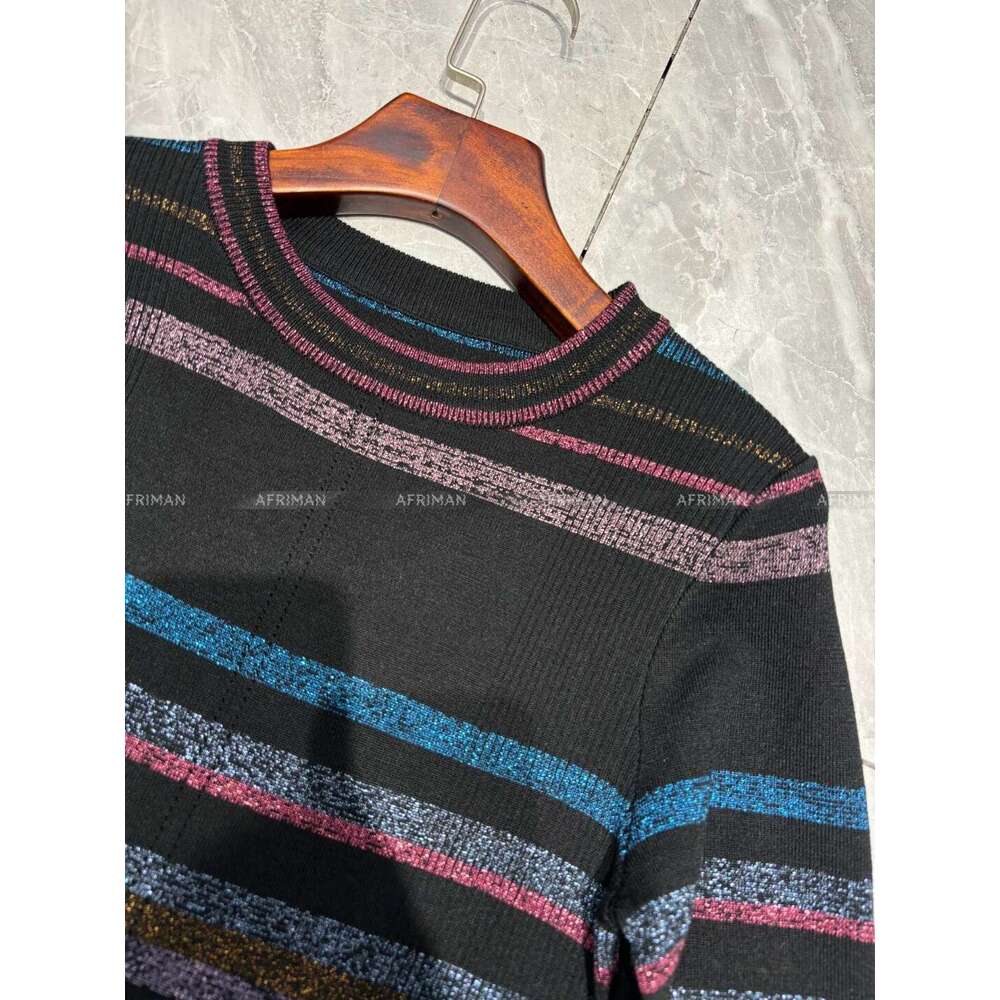 Women Round Neck Colorful Striped Long Sleeve Knit Midi Dress