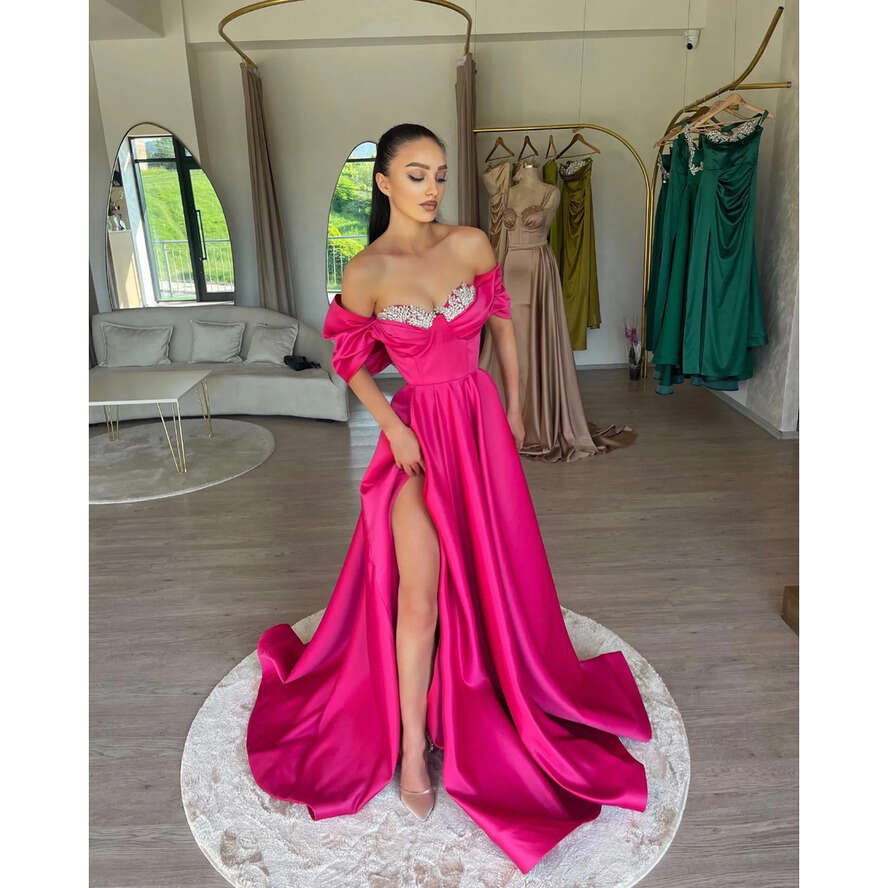 Fashion Rosy Pink Prom Dresses Off Shoulder Beads Collar Evening Gowns Pleats Slit Formal Long Special Ocn Party Dress 0515