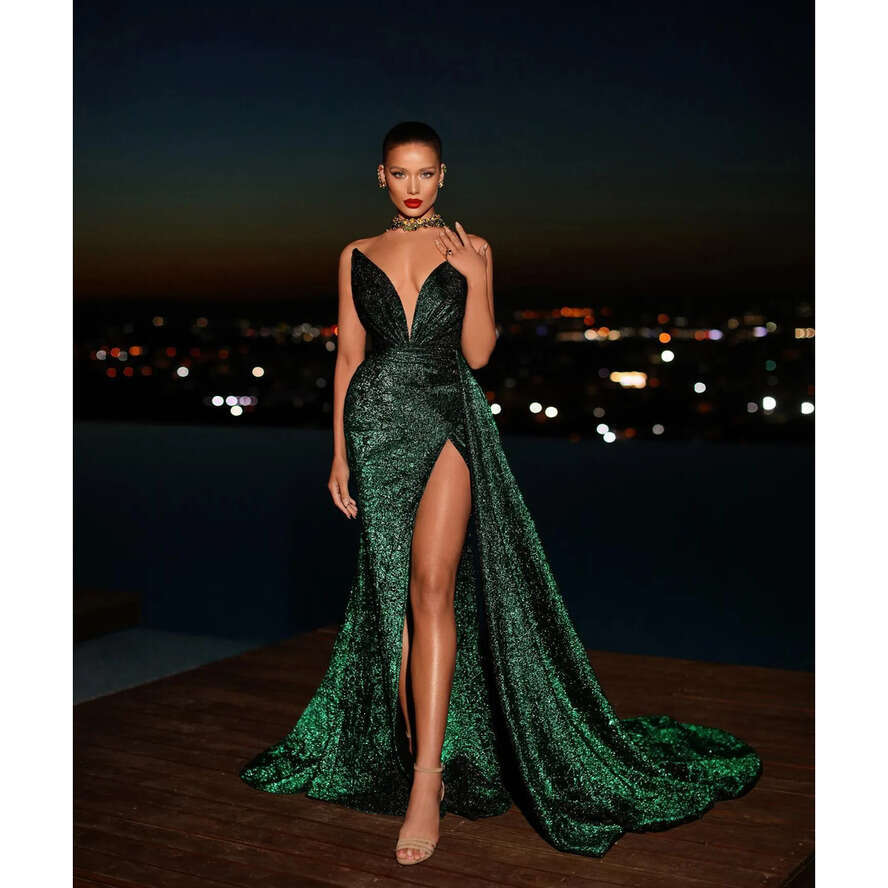 Sexy Dark Green Prom Dresses V Neck Glitter Evening Gowns Pleats Slit Sheath Formal Long Special Ocn Party Dress 0515