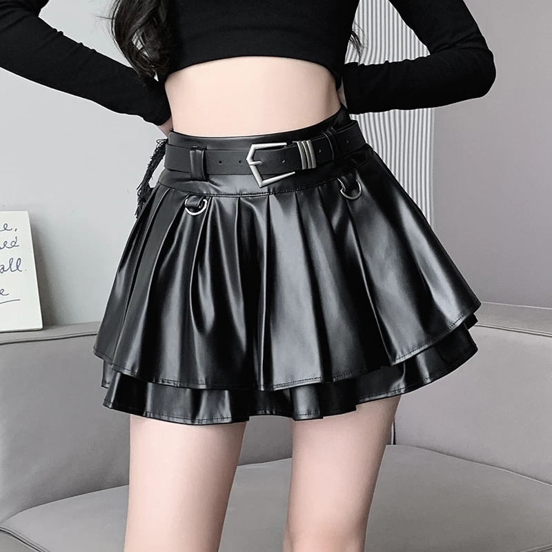 Autumn Cool Silver PU Leather Mini Pimp Womens Belt High Waist Folded Pimp Shorts Street Clothing Y2K Jupe Womens Saias 241028