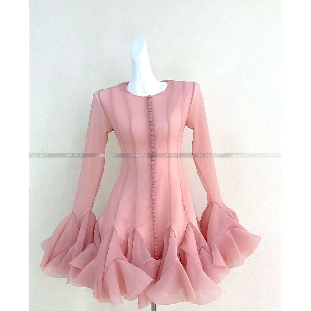 Women Big Flare Sleeve Single Breasted Temperament Handmade Petal Ruffles Dress