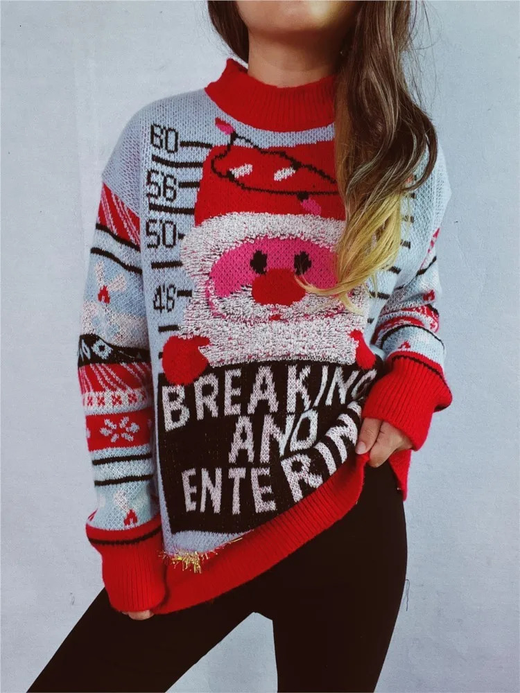 Ugly Santa Claus Knitted Sweater Womens Autumn/Winter Loose O-neck Long Sleeve Red Zipper Jumper 241025