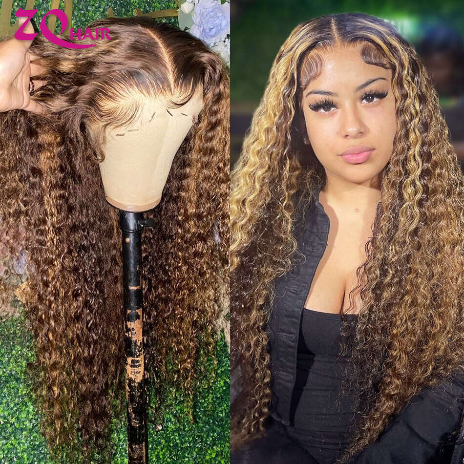Kinky Curly Wigs Highlight Wig Human Hair Ombre Honey Blonde x HD Lace Frontal Front