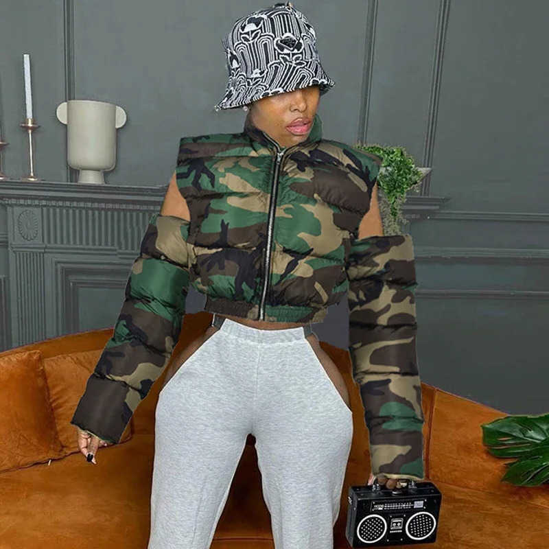 Womens Down Parkas Fashionable womens zipper camouflage inflatable jacket hollow Slve camouflage bubble jacket stand up collar series waist park dow Y
