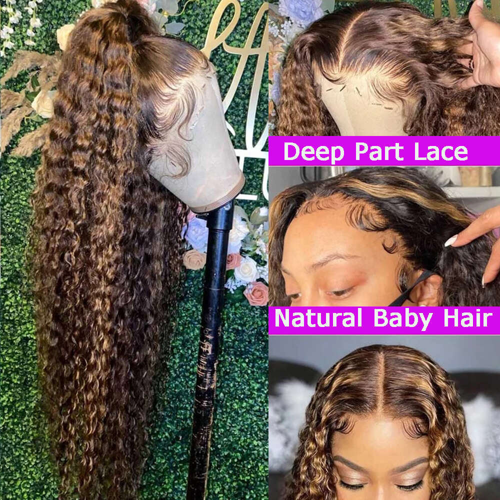 x Highlight Wig Human Hair Lace Frontal Deep Curly Water Wave Colored Honey Brown Front Wigs On Sale
