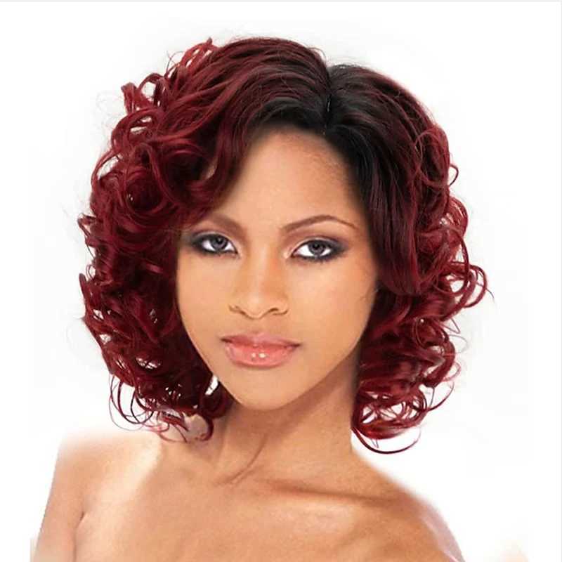 Hairjoy short Burgundy curly wig suitable for black women Ombre wine red short synthetic hair wig M241028