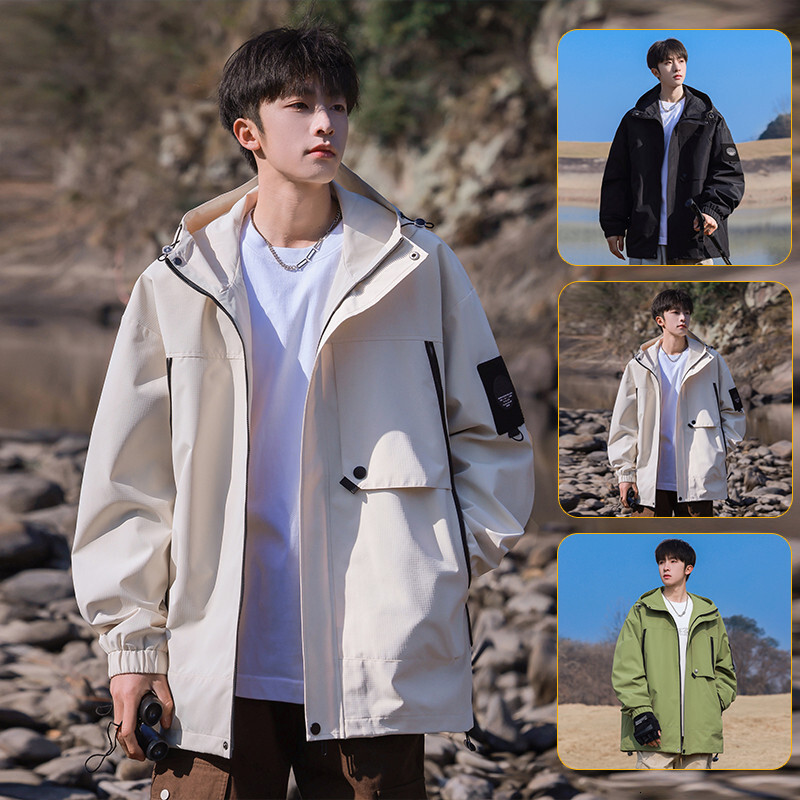 2024 new designer fashionable hooded waterproof windproof high collar zipper jacket casual men's jacket