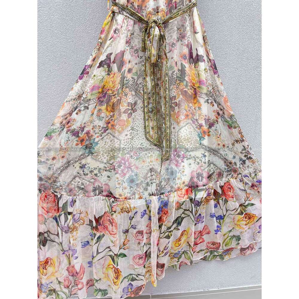 Women Round Neck Sleeveless Retro Print Dia Beaded Lace Up Waist 100% Silk Long Dress