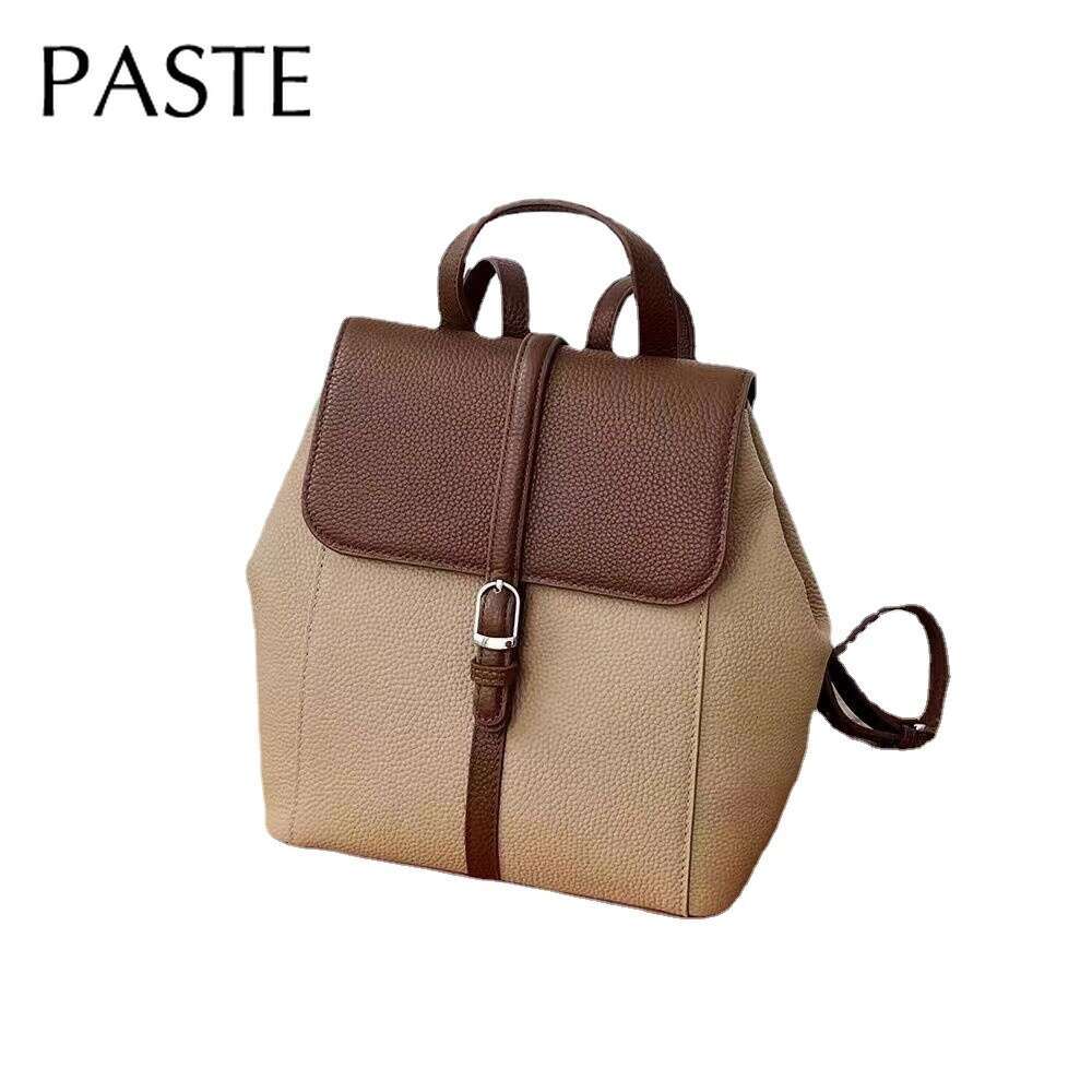 Vintage British Style Full Grain Cow Leather Women's Backpack Hit-Color Large School Bags For College Girls Commuter Bagpack