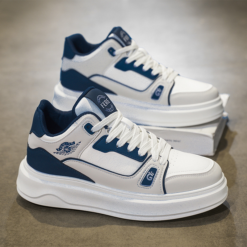 Autumn and Winter New Men's Thick Bottom Student Skateboarding Shoes Versatile Mid Top Sports and Leisure Shoes Leather Face Trendy Men's Sh