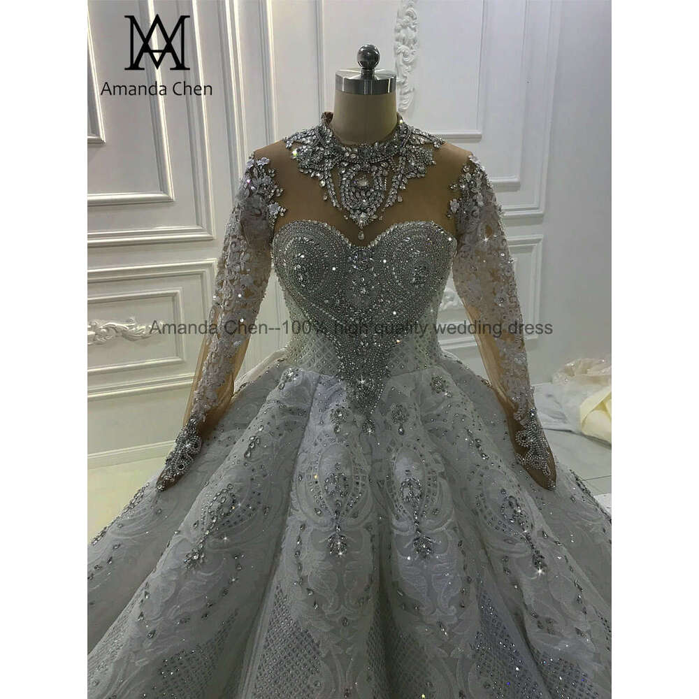 East Middle Royal High Neck Long Sleeves Rhie Shiny Wedding Dress