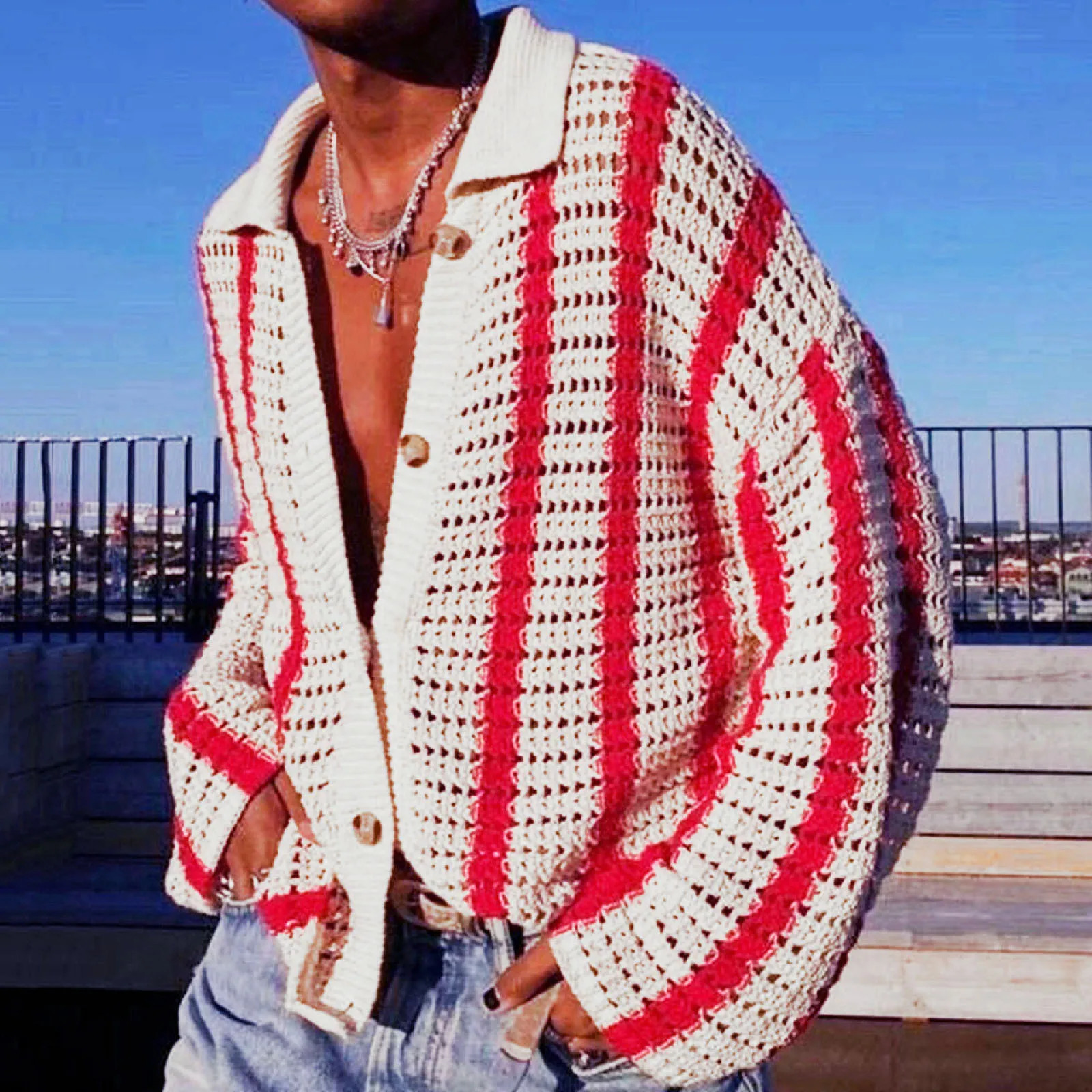Mens Sweater Clothing European and American Fashion Casual Hollow Woven Knitted Versatile Striped Cardigan 241024