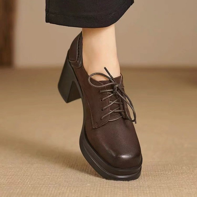Women Fashion High Heel:Retro Style Chunky Heel Increase Height British Style Square Toe,Black/Brown,Free shipping