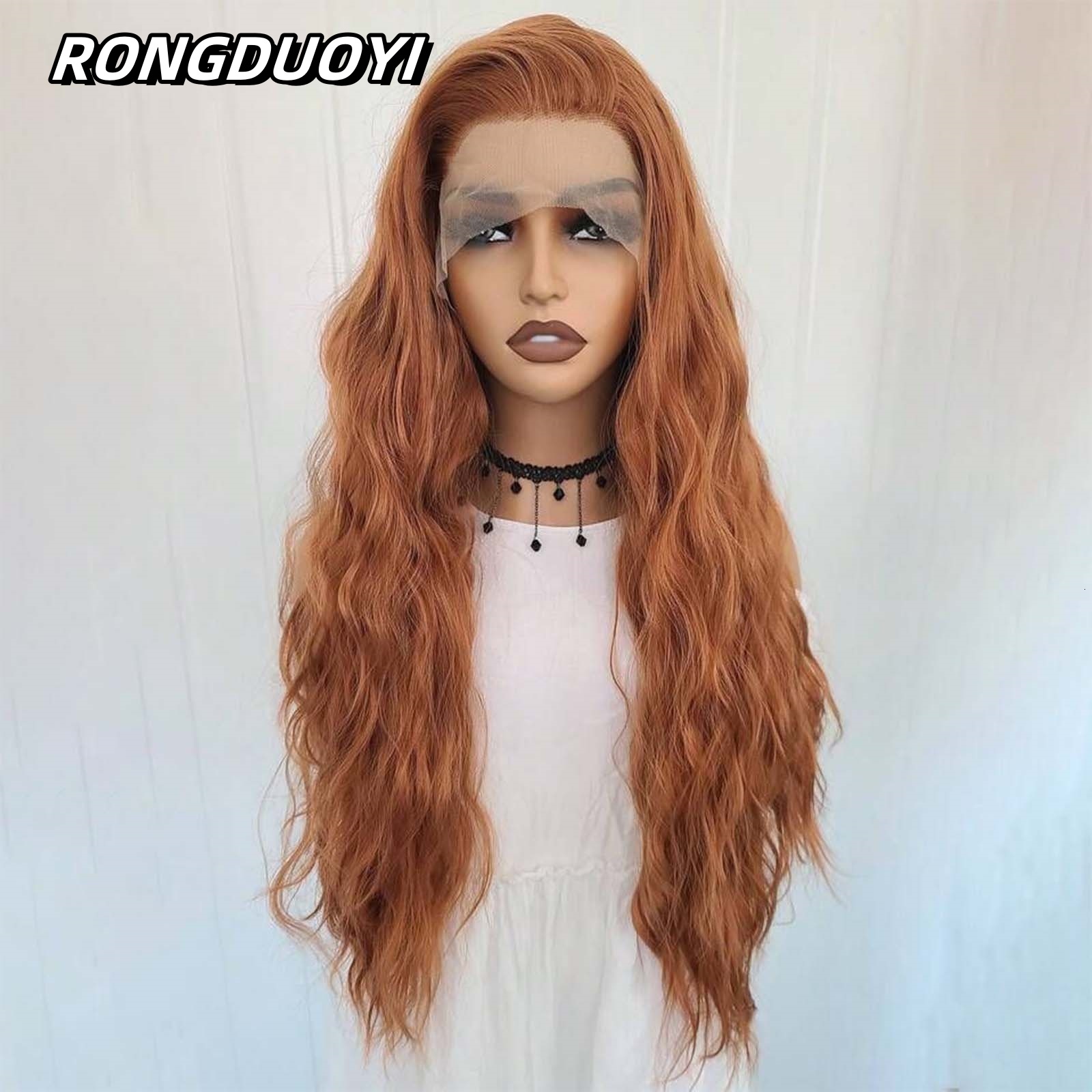 13X4 Ginger Orange Long Curly Synthetic Front Natural Wavy Auburn Brown Colored Hair Lace Frontal Wig for Women Party