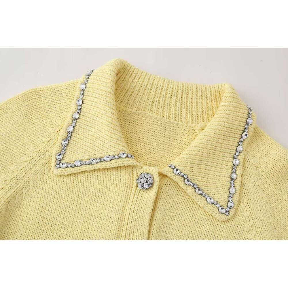 TRAFZA Elegant Casual Plain Knit Women's Sweet Shirt With Rhies New 2024 Spring Fasion Yellow Cardigan