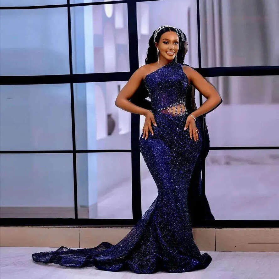 New Royal Blue Mermaid Prom One Shoulder Sequined Illusion Sexy Formal Evening Dress Sweep Train Red Carpet Shiny Gown 0521
