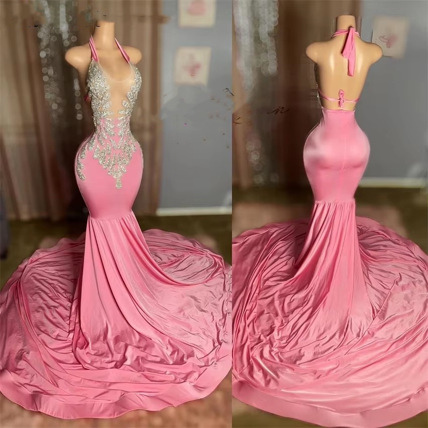 Sparkly Halter Pink Mermaid Prom Dresses 2025 Sexy Crystals Beads Birthday Evening Occasion Gowns For Black Girls