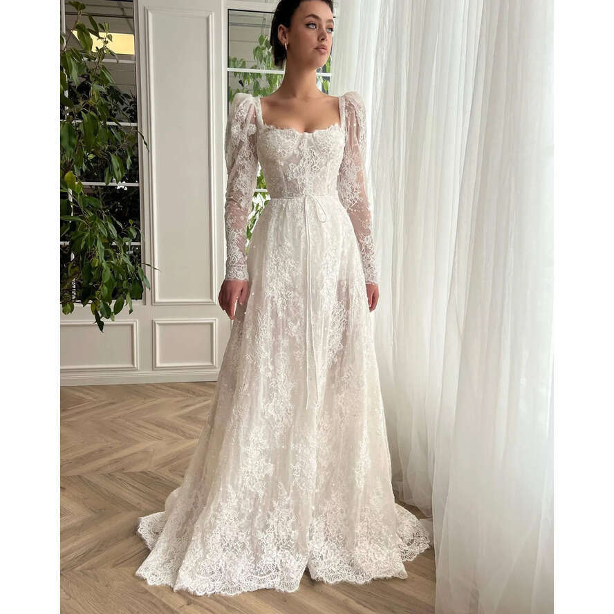 Fashion Lace A E Dresses Square Neck Long Sleeves Wedding Dress Sweep Train Designer Bridal Gowns 0515