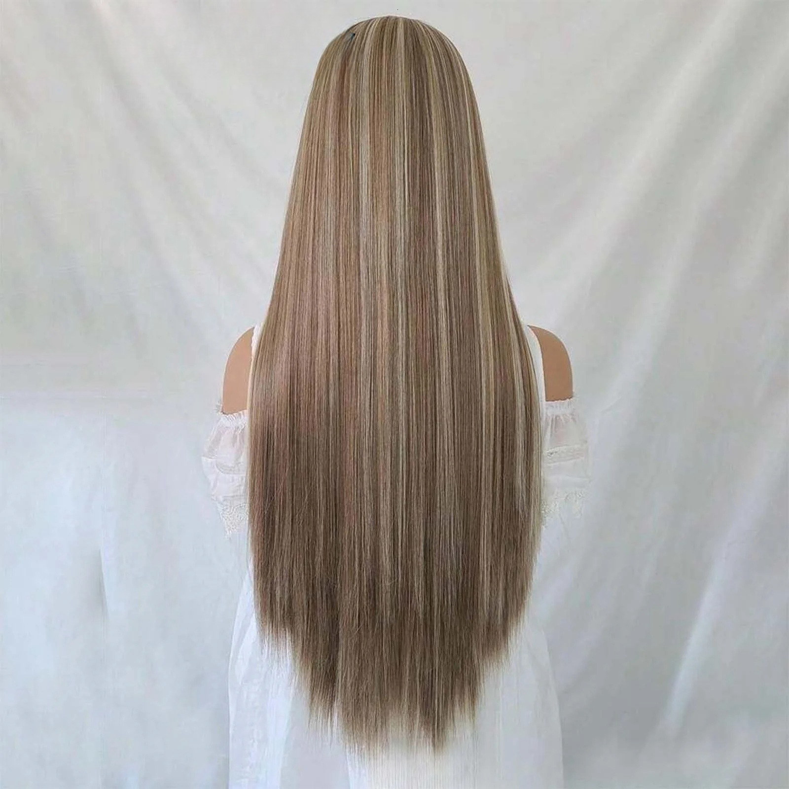 Highlight Ombre Lace Front Wig Synthetic Hair Long Straight Brown with 613 Blonde Balayage Colored 13X4 Frontal Wigs for Women