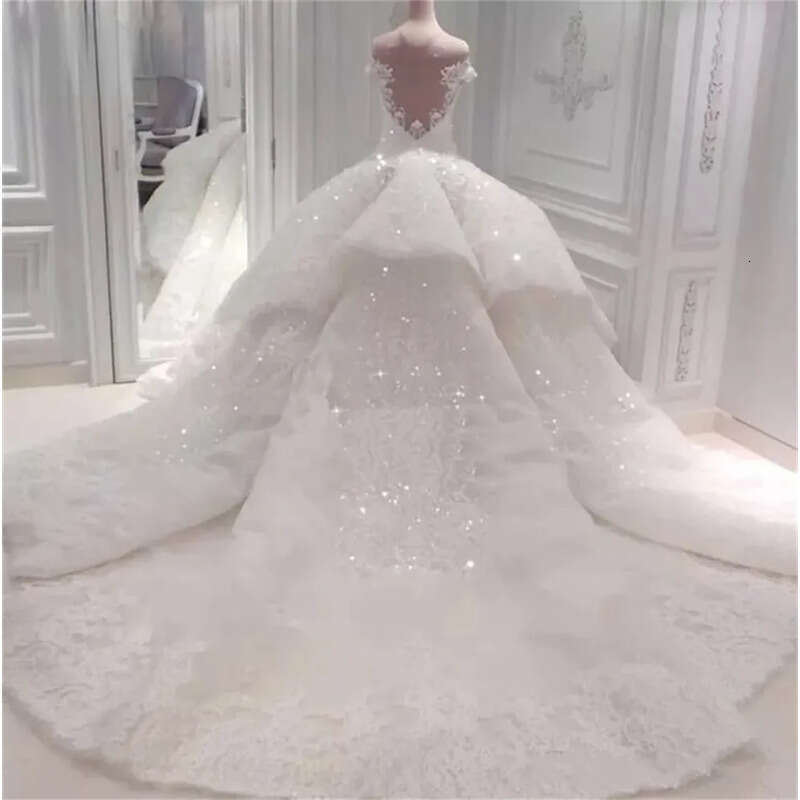 Princess Wedding Dresses Puffy Big Train Tulle Lace Beaded Crystal Real Photo Bride Gown Custom Made
