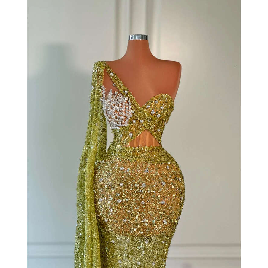 Green Mermaid Evening Elegant Sequins Pearls Promdress Illusion Bodice Glitter Formal Dresses For Special Ocns Sweep Train Robe De Soiree 0515