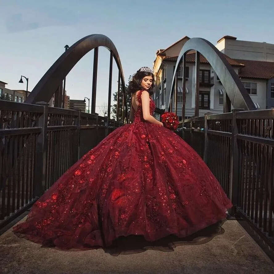2024 Bury Sexy Quinceanera Dresses V Neck Lace Appliques 3D Ral Wers Crystal Beads Sweet 16 Dress Vestidos De 15 Prom Party Gowns 0513