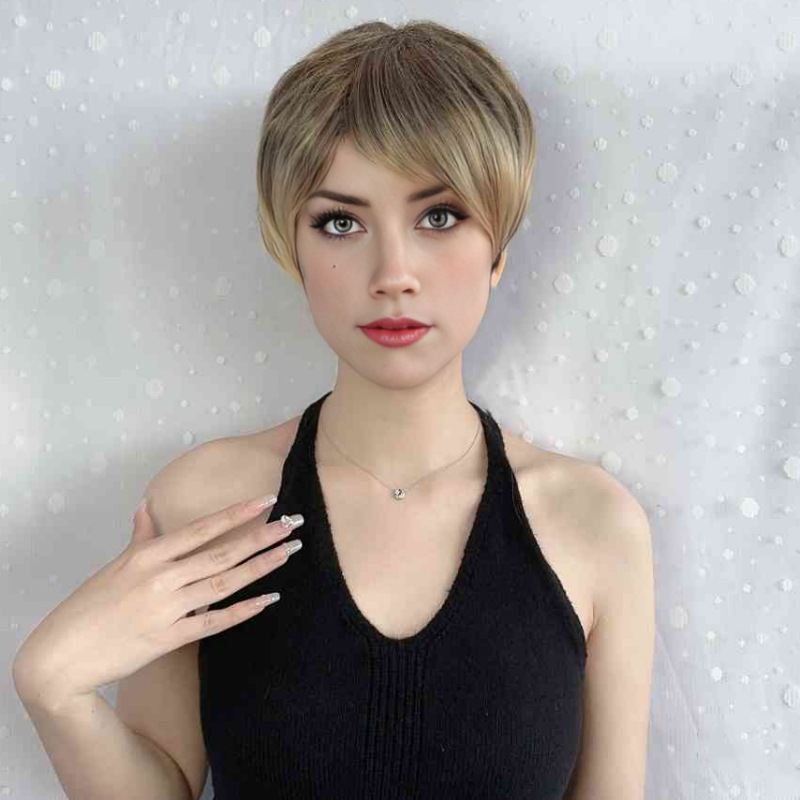 Fashion wig for women with side-parted bangs and exposed ears full headpiece short hair