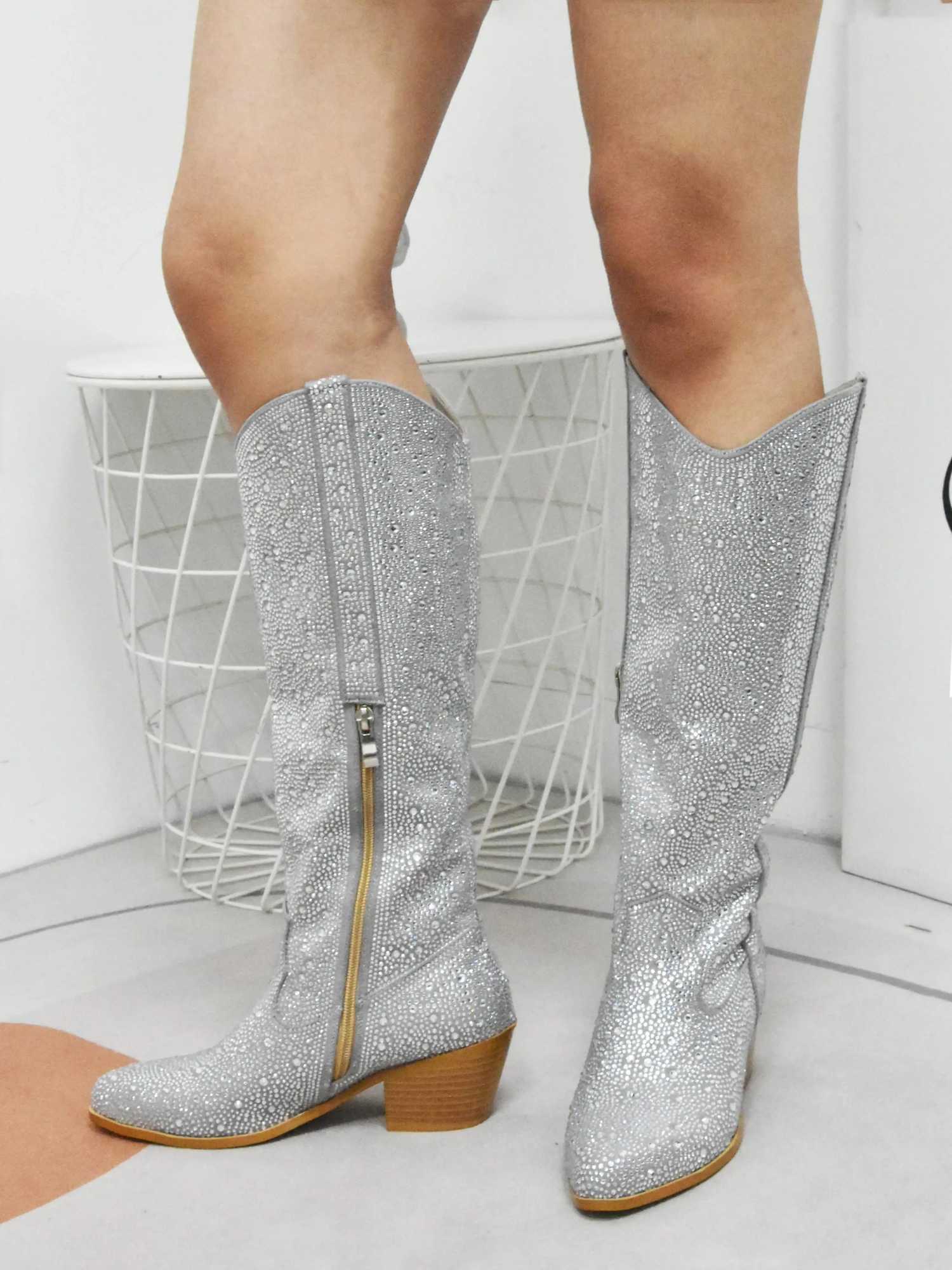 CHMURY 2024 Rhinestone Nashville hot Western cowboy black sier knee high cowgirl boots for women Z241028