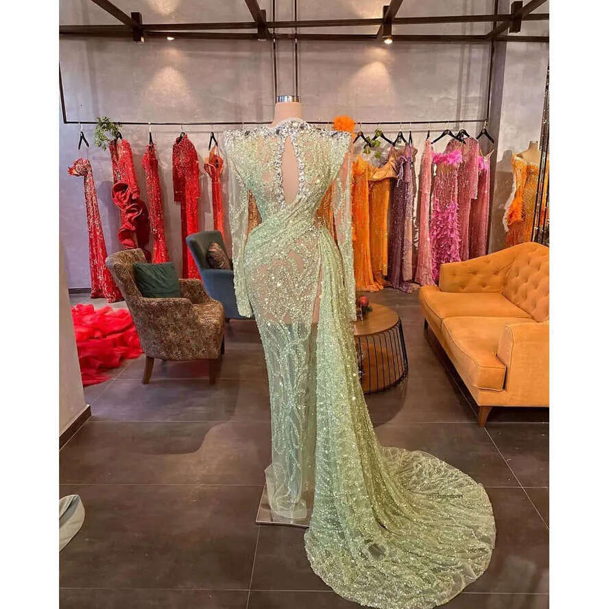 Sexy Mermaid Prom Long Sleeves V Neck Halter Appliques Sequins Or Length Dias Side Slit Lace Hollow Evening Formal Dresses Plus Size Custom Made 0431