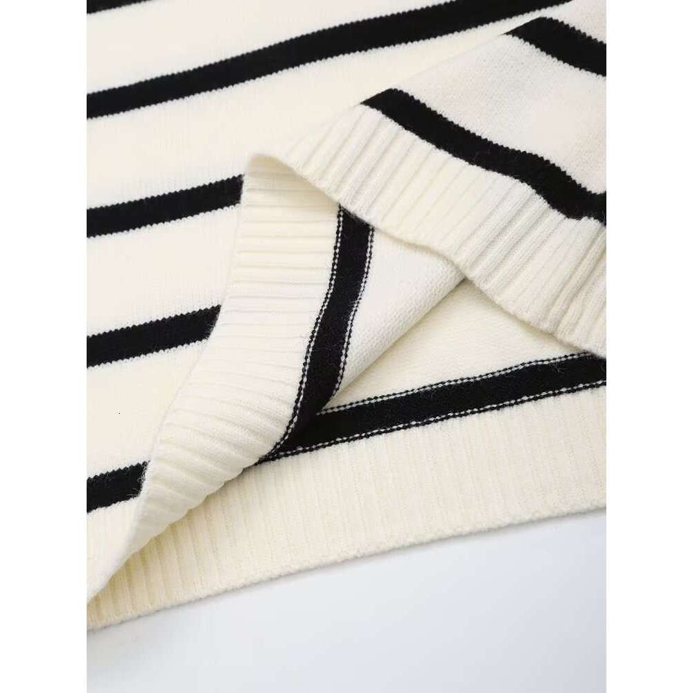 TRAFZA Women Fashion Striped Knitted Zipper Mock Neck Long Sleeve New 2024 Spring Fall Casual Versatile Sweater