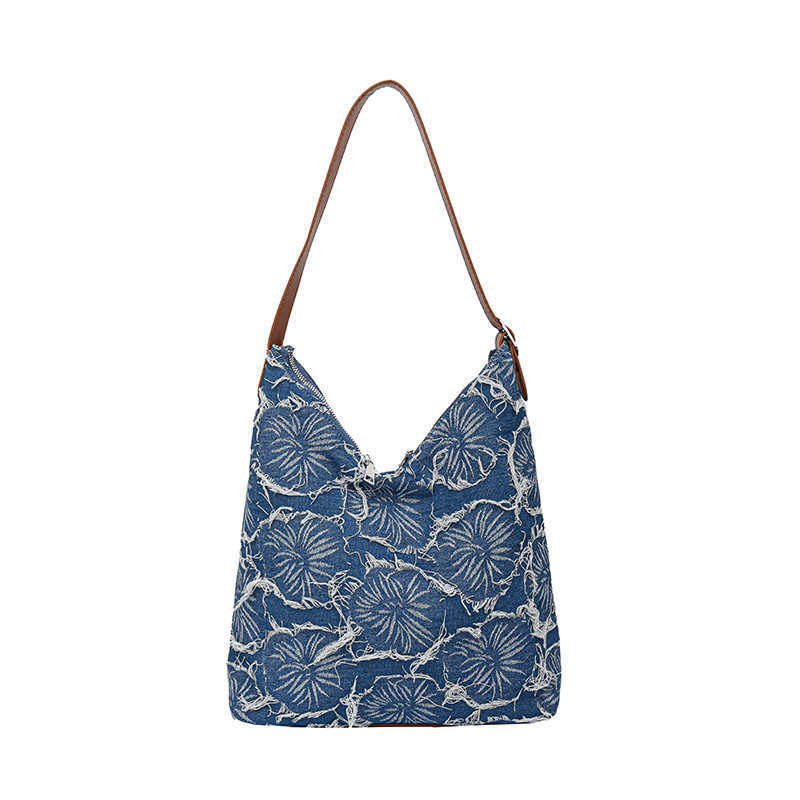 CMM Ladies Washed Denim Commuting Tote Bag New Flower Fringed Single Shoulder Underarm Bucket Bag