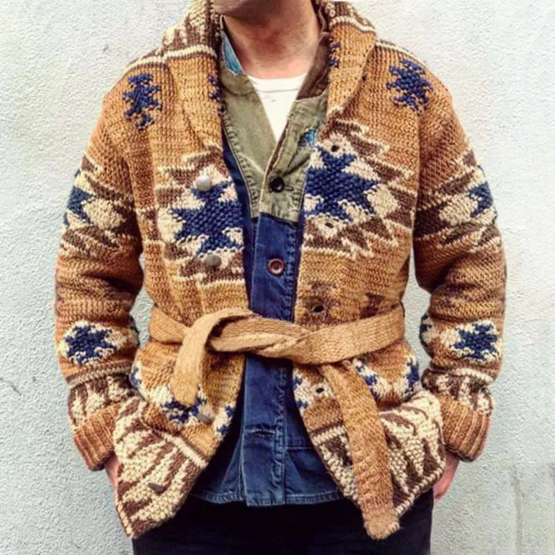Europe and The United States Men Heavy Jacquard Fashion Sweater Autumn Winter Retro Casual Thick Cardigan Knit Coat 241024