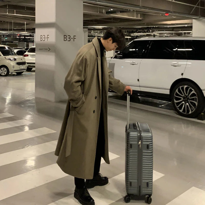 Winter Thickened Woolen Coat Men Warm Fashion Casual Long Woolen Coat Men Korean Loose Oversized Belt Woolen Coat Mens Overcoat 241024