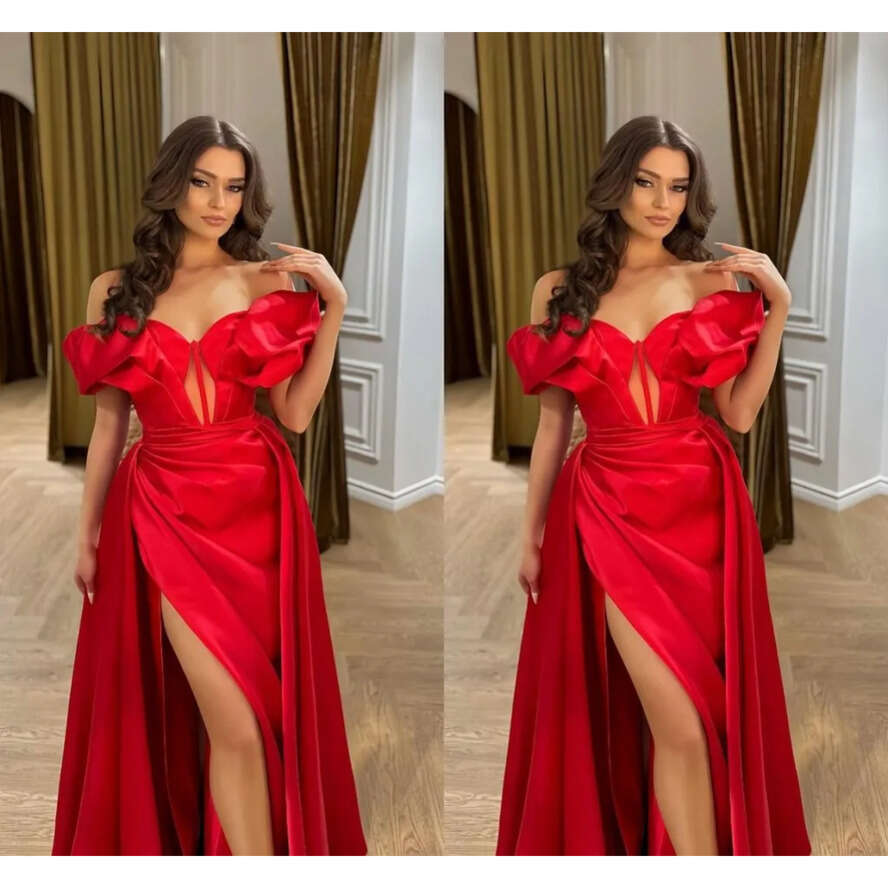 Sexy Red Plu Size A E Prom Dree Long For Women Off Shoulder V Neck Satin Pleat Sweep Train High Side Split Birthday Evening Party Celebrity Pageant 04