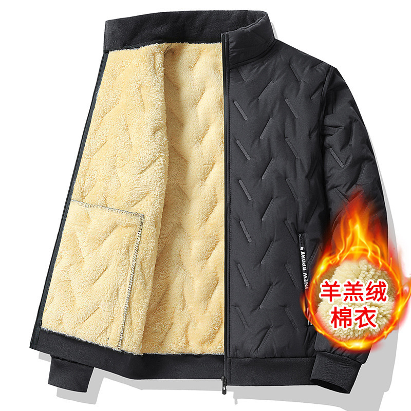 2024 New Designer Lamb Men's Winter Wool Thick Clothes Warm Loose Stand up Collar Jacket Dad's Cotton Jacket