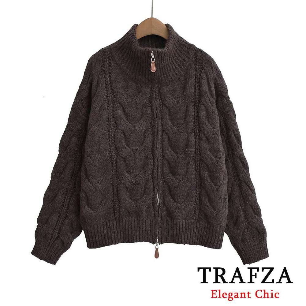TRAFZA Women Fall Winter Vintage Brown Double Zipper New Fashion Casual Stylish Retro Knitted Sweater