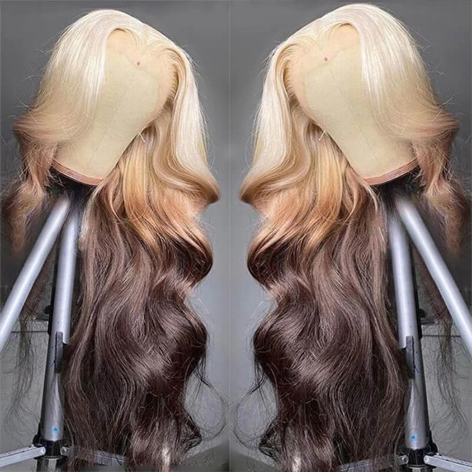 Ombre Blonde Synthetic Hair with Dark Brown Body Wave Long Wavy Lace Front Wig 13X4 Frontal Colored Wigs for Women Party