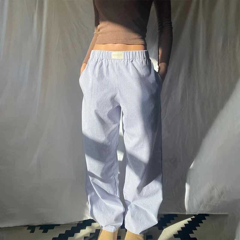 New Trendy Striped Print Long Pant Women Elastic Waist Drstring Wide Leg Pants Fashion Casual Cotton Fa Straight TrousersX241028