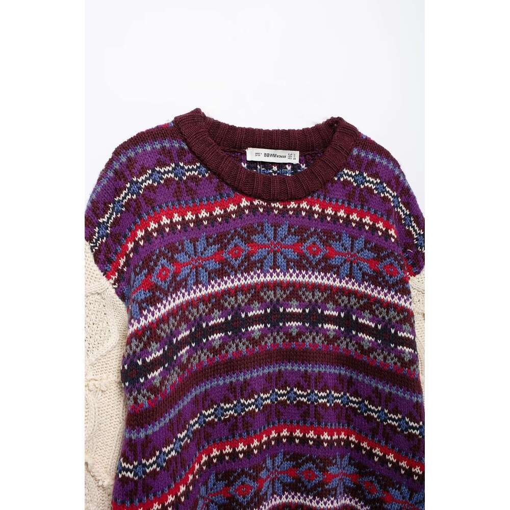 Trafza-Women Vintage Patchwork Fashion Loose Ral Knitted New 2024 Autumn Winter Classic Versatile Sweater