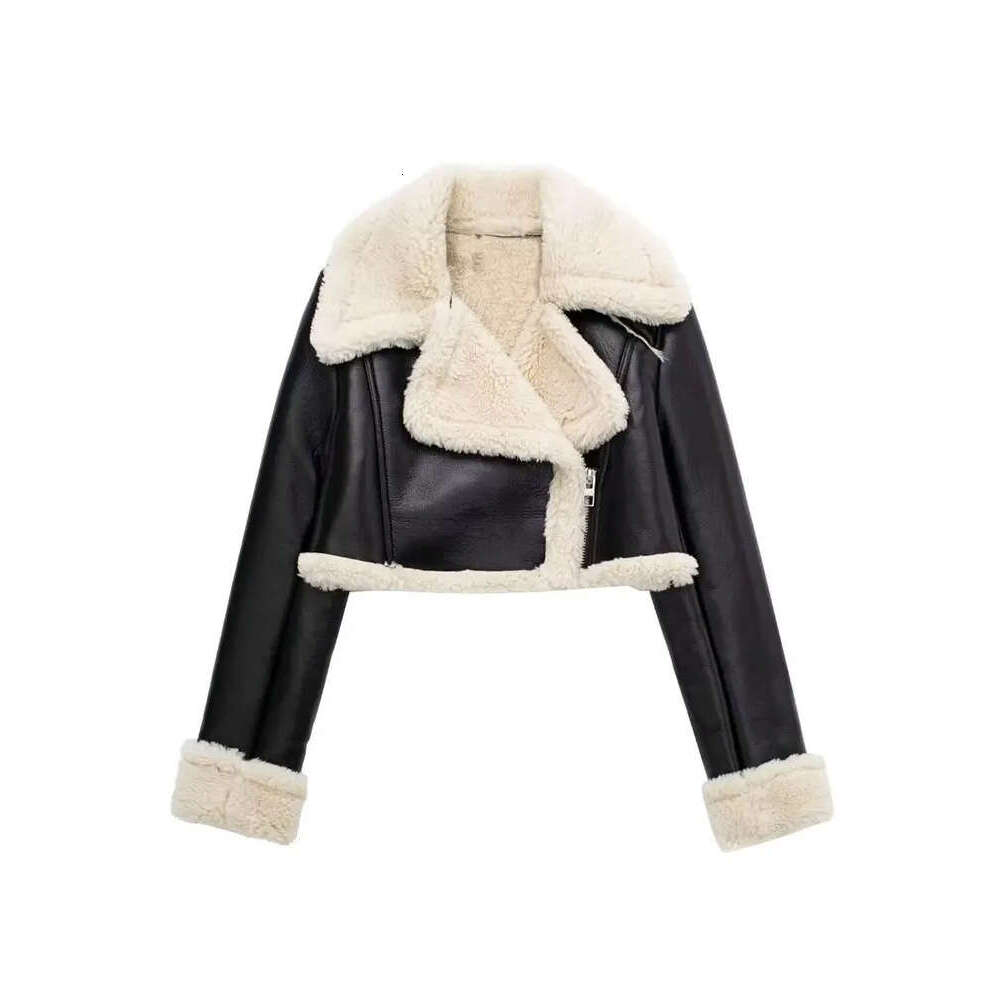 Women Winter Faux Fur Crop Jacket Fashion Thick Fleece Warm Lapel Coat Female Vintage Long Sleeve Zipper Outerwear Chic Top TRAF