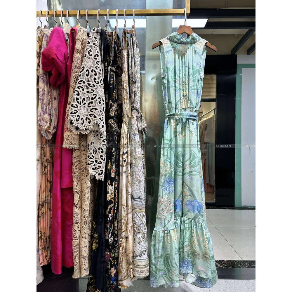 Women Mint Green Retro Print Ribbon Bow Collar Crystal Beaded Sleeveless Silk Long Vest Dress With Belt
