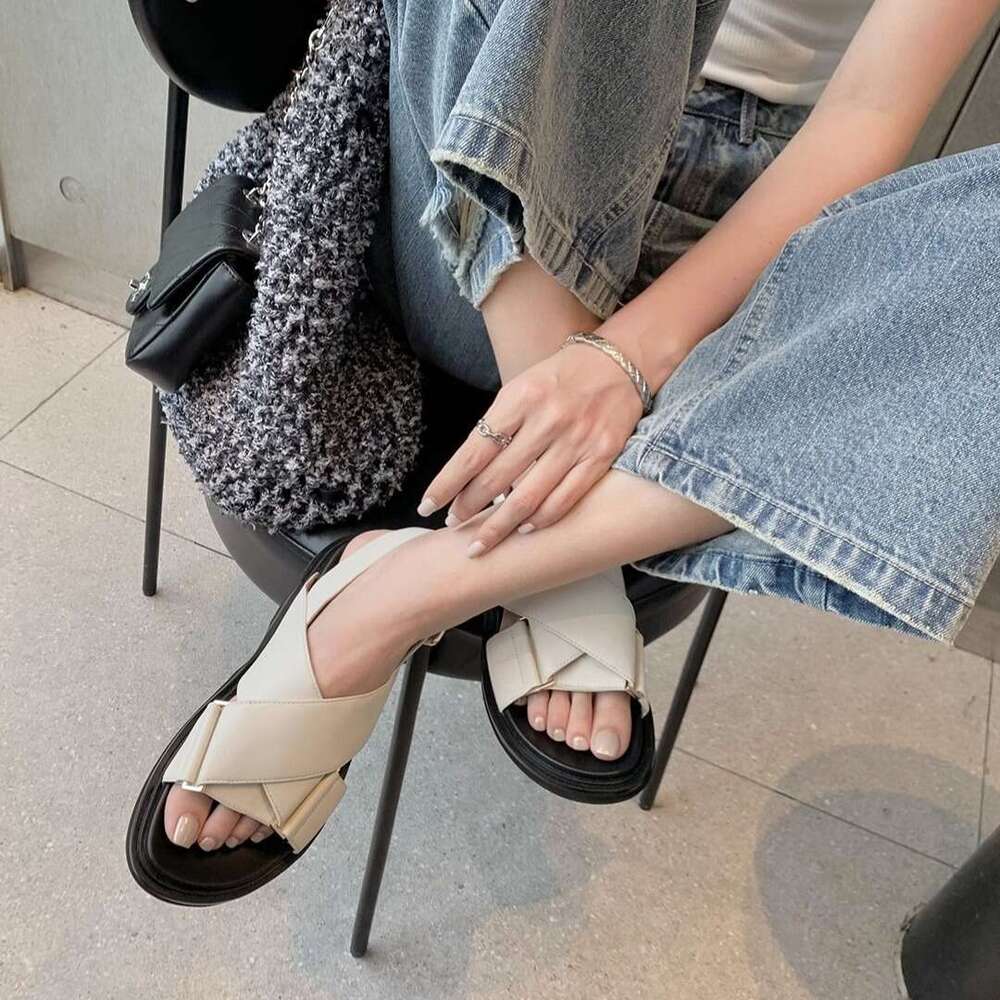 TOPHQWS Genuine Leather Brand Women' Flat Casual Slip On Platform Roman Sandals 2024 Trend Summer Shoes Slippers