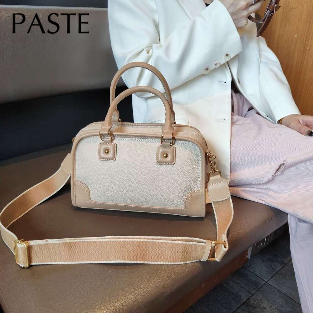 Euro Style Hit-Color Large Capacity Boston Tote For Commuter Natural Cowhide Leather Women Handbag Wide Strap Lady Shoulder Bag