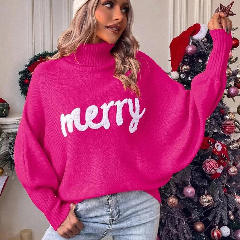 Merry Christmas sweater for women autumn and winter floral long sleeved knitted womens fashionable loose batball sleeve knitted top 241025
