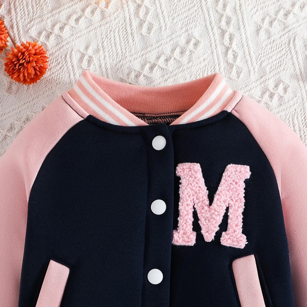 Girl 6 Months - 3 Years old Pink Baseball Uniform Button jacket Long Sleeve Coat and Pants Outfit Toddler Infant Clothing Set 241028
