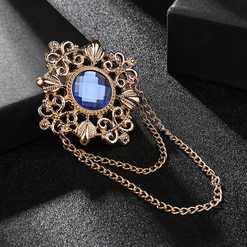 Retro Gem Brooch Mens Suit Pin Vintage Cross Tassel Lapel Pins with Chain Badge Jewelry Accessories 241028