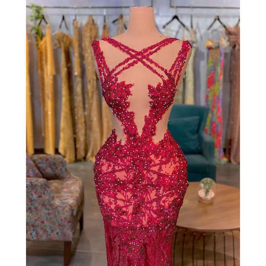 Mermaid Red Prom V Neck Sleeveless Straps D Lace Appliques Sequins Beaded Pearls Or Length Hollow Sexy Celebrity Evening Dresses Plus Size Custom Made