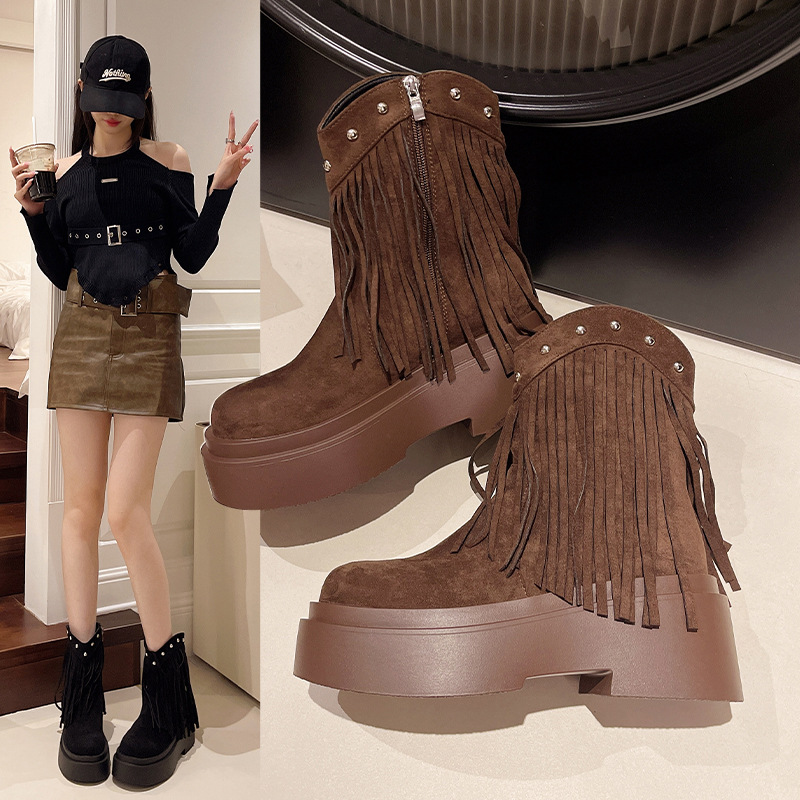 Women Fashion Boots:Thick Sole Increase Height Martin Boots Retro Style Chunky Heel Spicy Girl,Black/Brown/Khaki,Free shipping